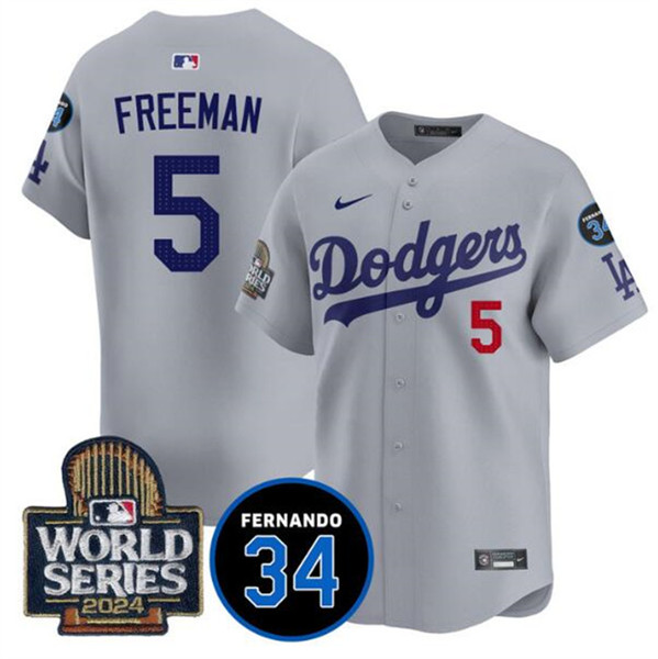 Los Angeles Dodgers #5 Freddie Freeman Gray 2024 World Series With Fernando Memorial Patch Limited Stitched Jersey